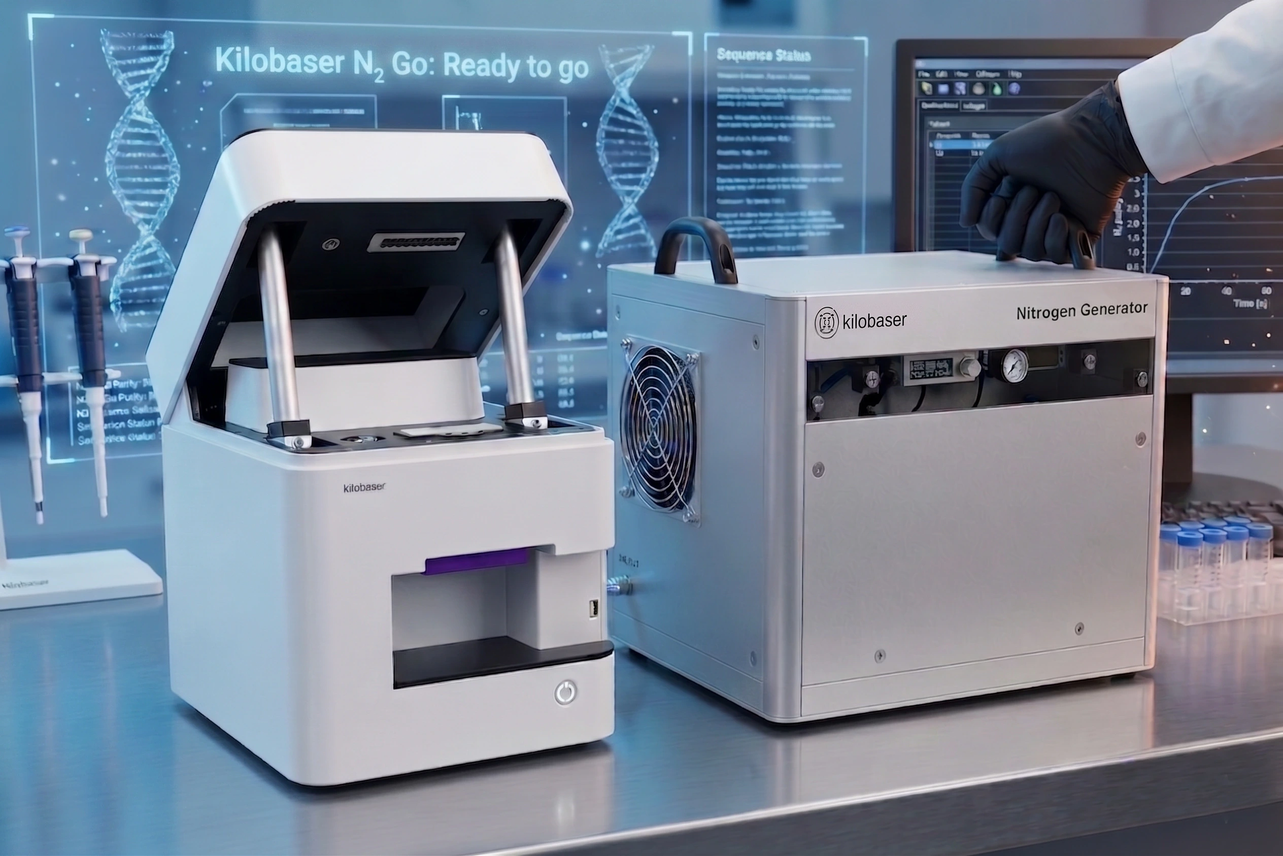 Kilobaser N₂Go portable nitrogen generator next to a Kilobaser synthesizer on a lab benchtop