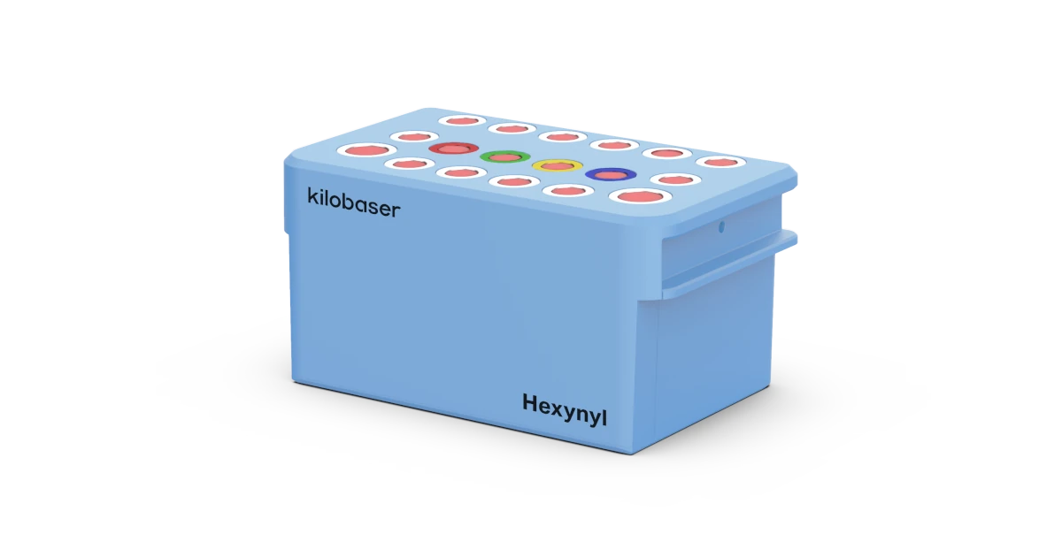 Images/Products/Hexynyl-DNA_Cartridge_Kilobaser_Shop Hexynyl DNA reagent cartridge for Kilobaser one-XT personal DNA & RNA synthesizer. For click chemistry-compatible oligos with terminal alkyne groups.
